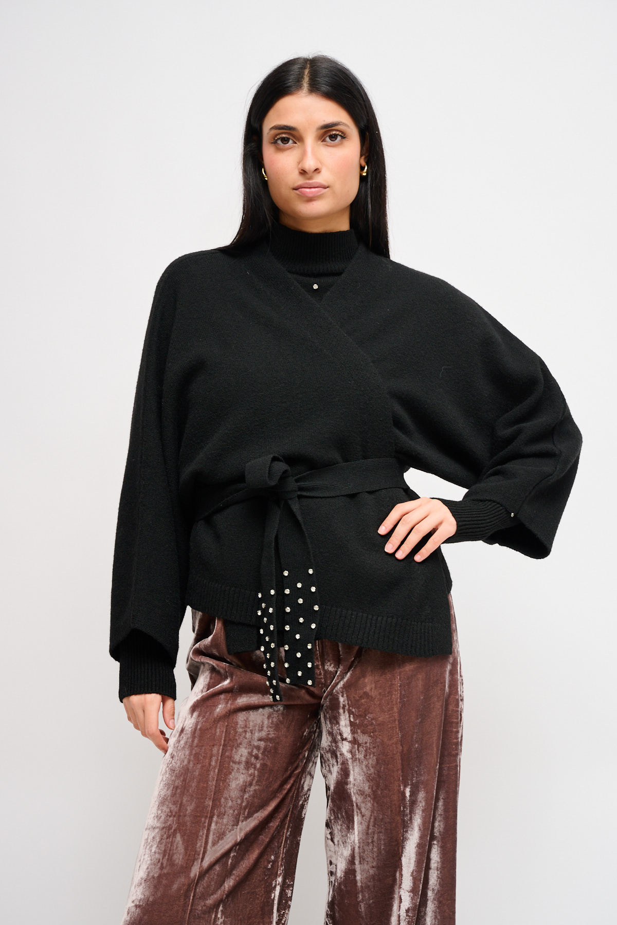 CARDIGAN A PORTAFOGLIO CON CINTURA GIOIELLO