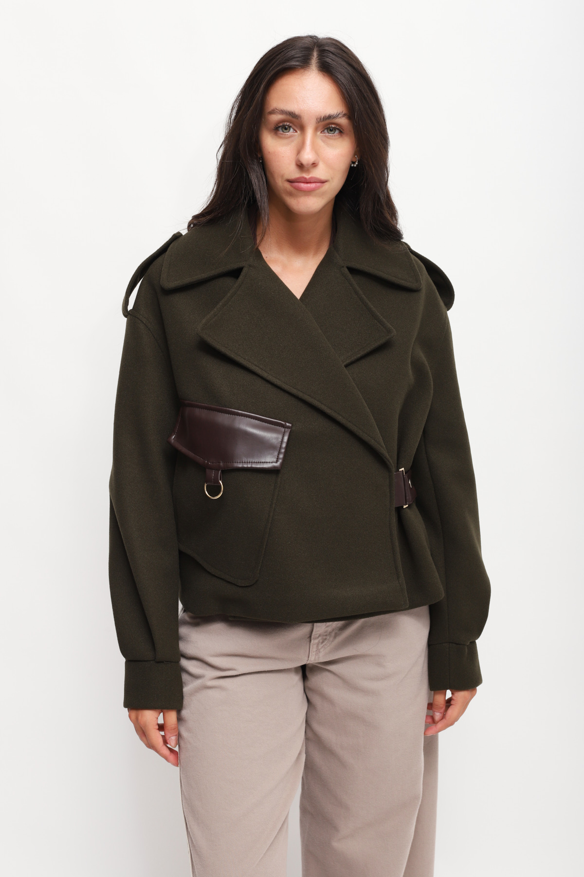 GIACCA CROPPED IN PANNO CON INSERTI IN ECOPELLE