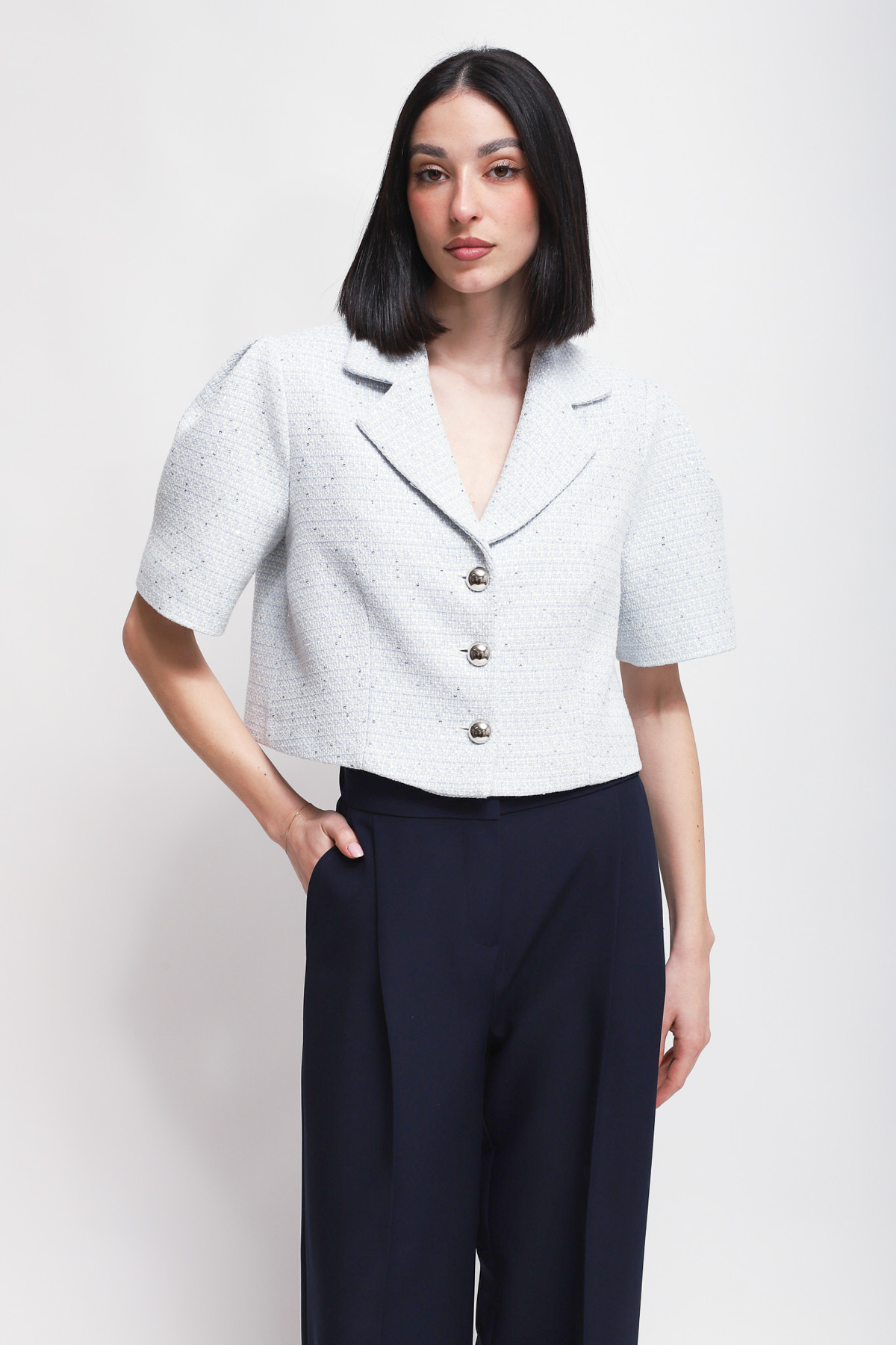 GIACCA CROPPED A MANICA CORTA CON PAILLETTES